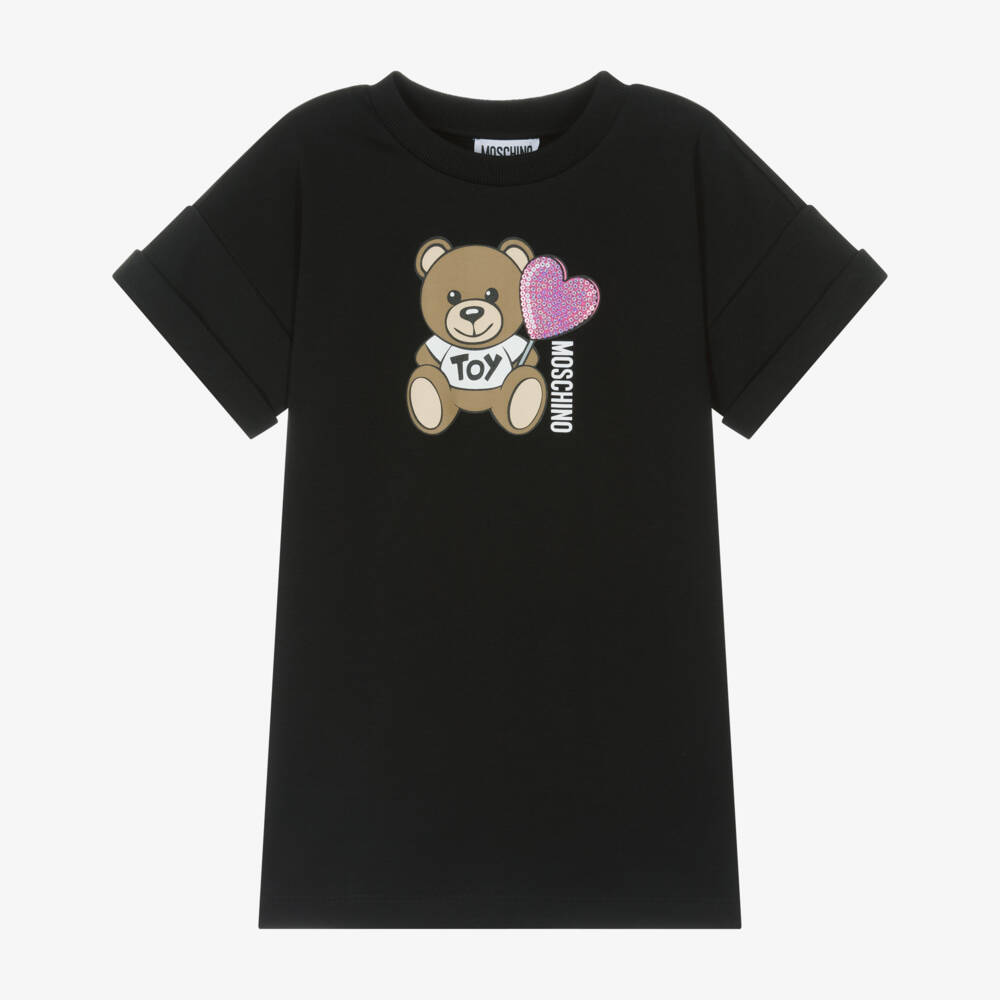Moschino-فستان قطن أسود للبنات بتصميم دب وقلب | Childrensalon Outlet