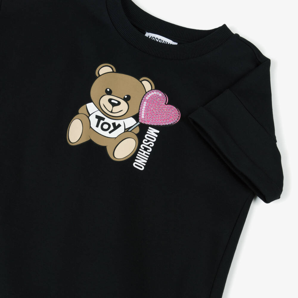 Moschino-Girls Black Bear Heart Cotton Dress | Childrensalon Outlet