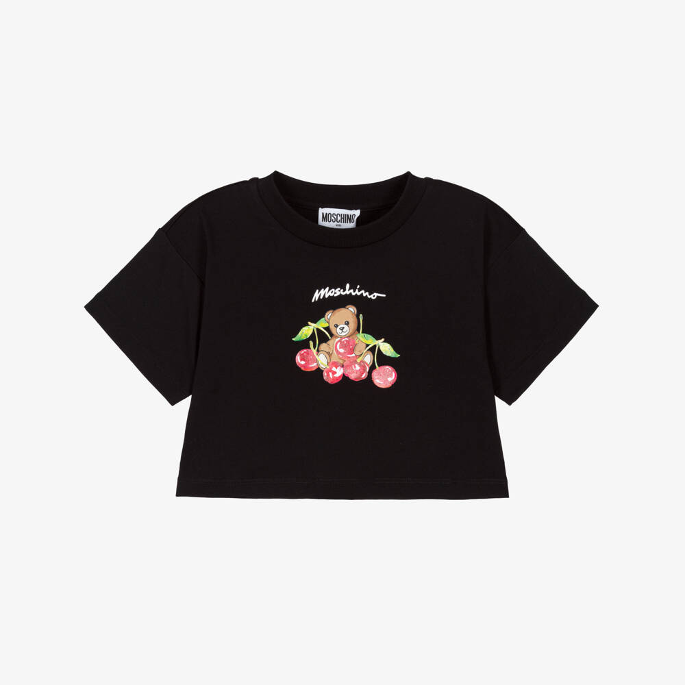 Moschino-Girls Black Cherry Pattern T-Shirt | Childrensalon Outlet