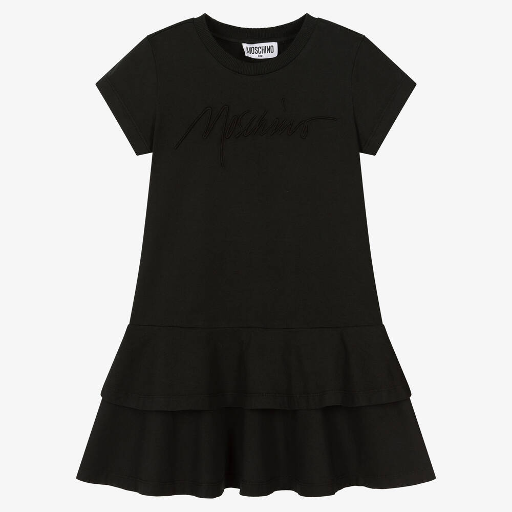 Moschino Kid-Teen - Girls Black Cotton Embroidered Logo Dress | Childrensalon