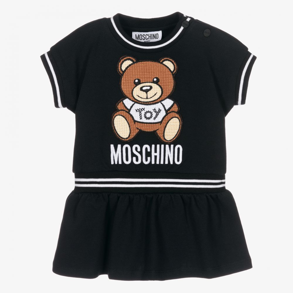 Moschino Baby - فستان أطفال بناتي قطن بيكيه لون أسود | Childrensalon