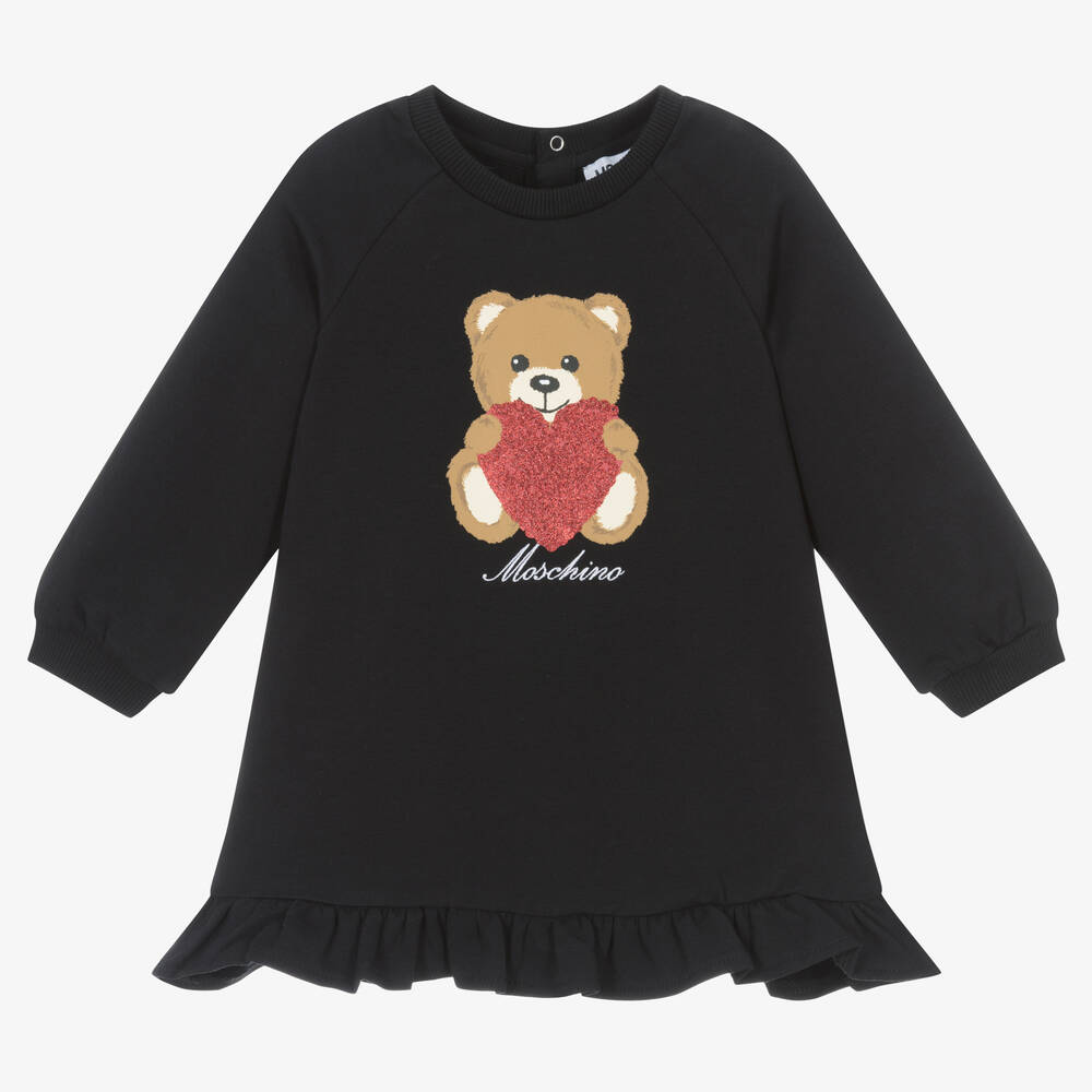 Moschino Baby - Girls Black Cotton Teddy Bear Heart Dress | Childrensalon