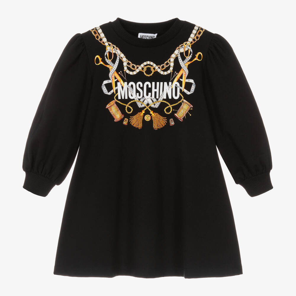 Moschino Kid-Teen - Черное платье из хлопкового джерси с золотистым декором | Childrensalon