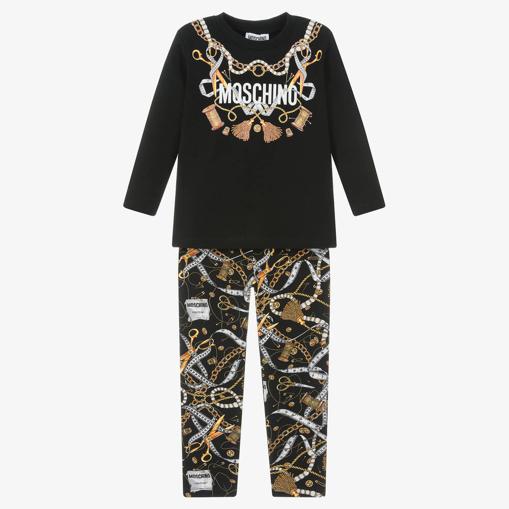 Moschino Kid-Teen - Черно-золотистый топ и легинсы из хлопка | Childrensalon