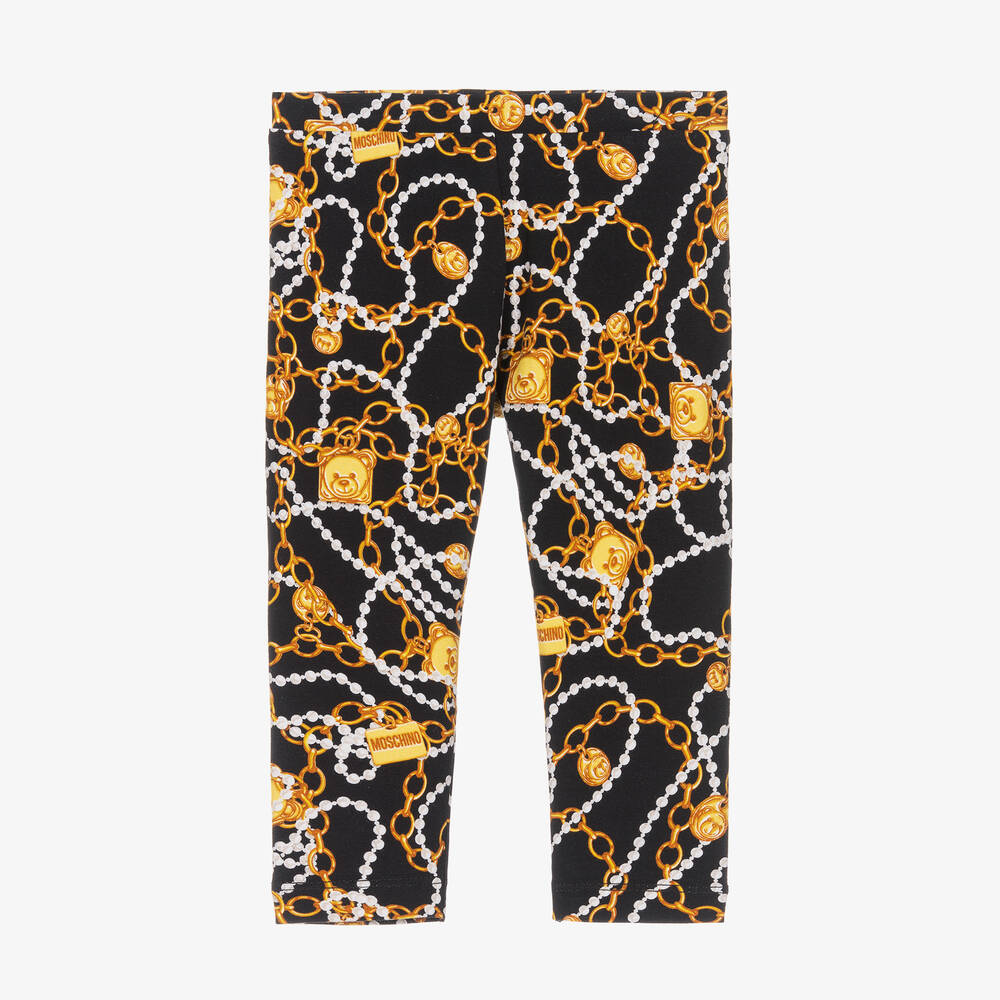 Moschino Baby - Girls Black & Gold Cotton Logo Leggings | Childrensalon