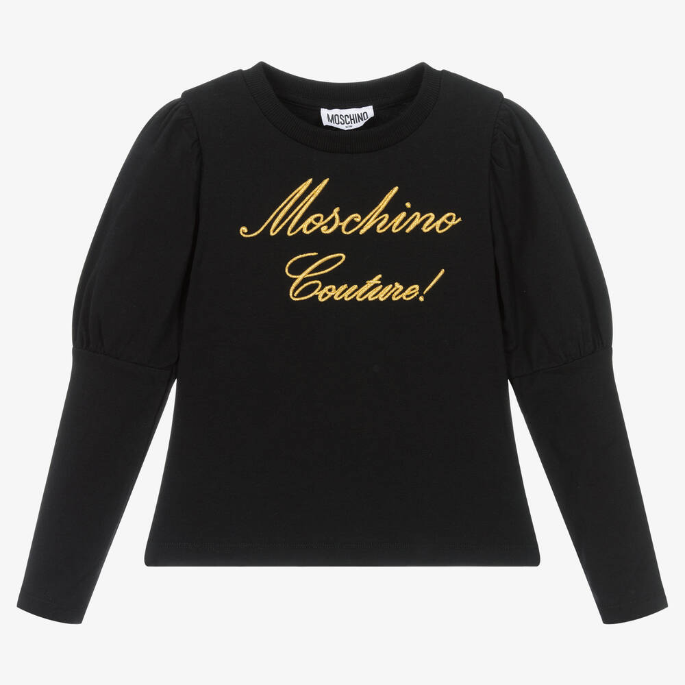 Moschino Kid-Teen - Girls Black & Gold Logo Cotton Top | Childrensalon