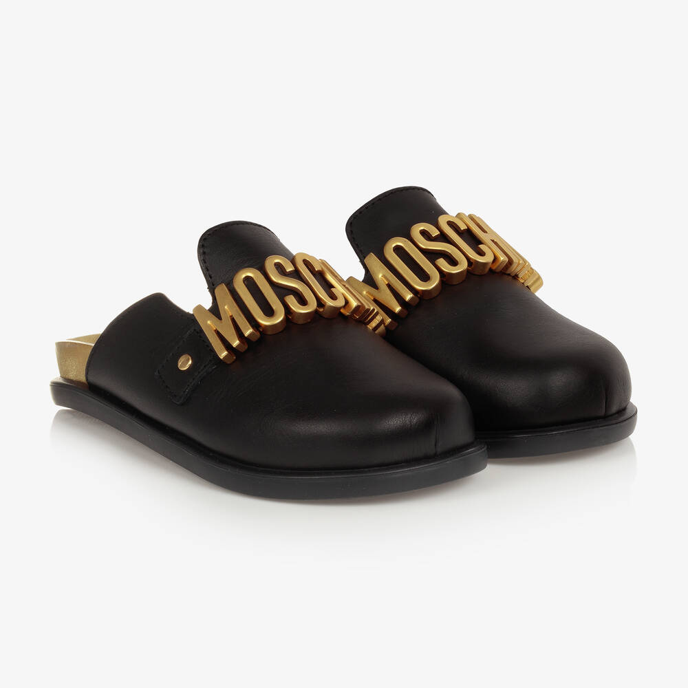 Moschino Kid-Teen - Girls Black & Gold Logo Leather Mules | Childrensalon