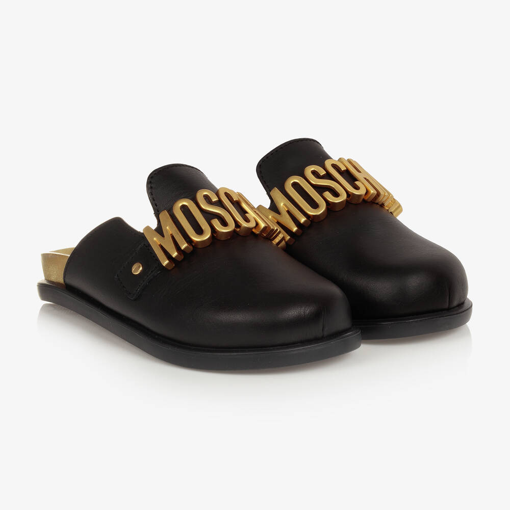 Moschino Kid-Teen - Lederpantoletten in Schwarz & Gold | Childrensalon