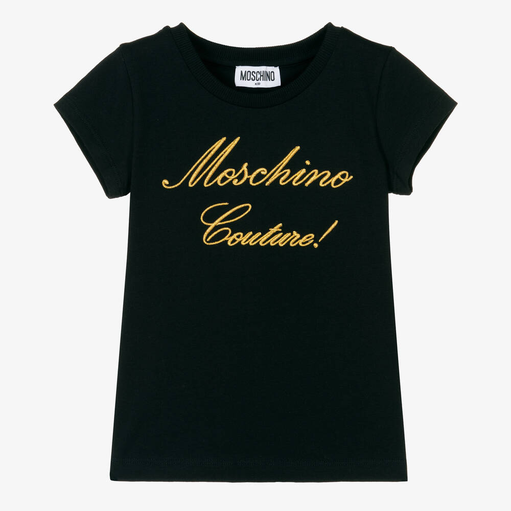 Moschino Kid-Teen - Черная футболка с золотистым логотипом для девочек | Childrensalon