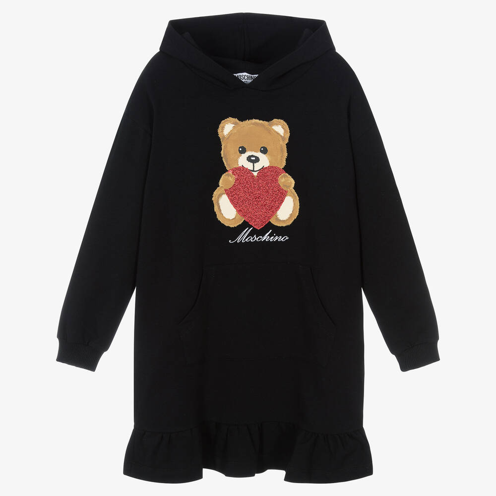Moschino Kid-Teen - Schwarzes Teddy-Jerseykleid mit Kapuze für Mädchen | Childrensalon