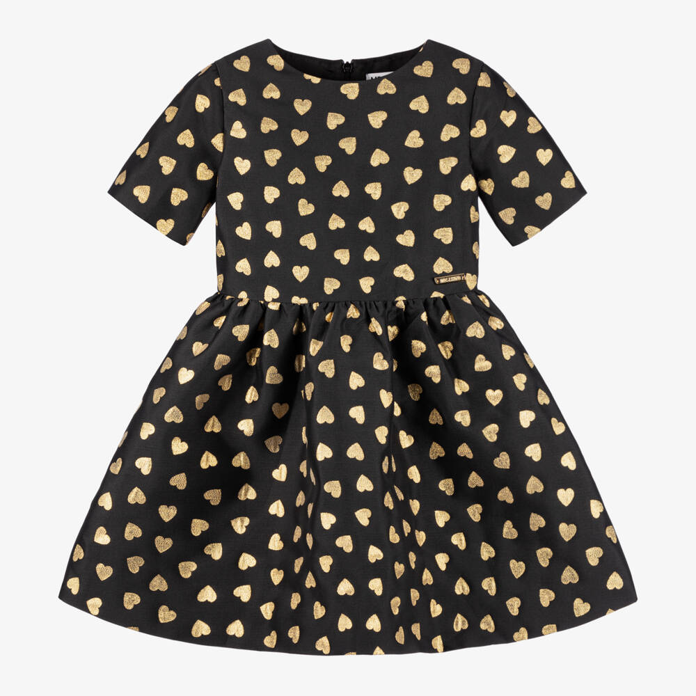 Moschino Kid-Teen-فستان جاكار بقلوب لون أسود وذهبي | Childrensalon Outlet