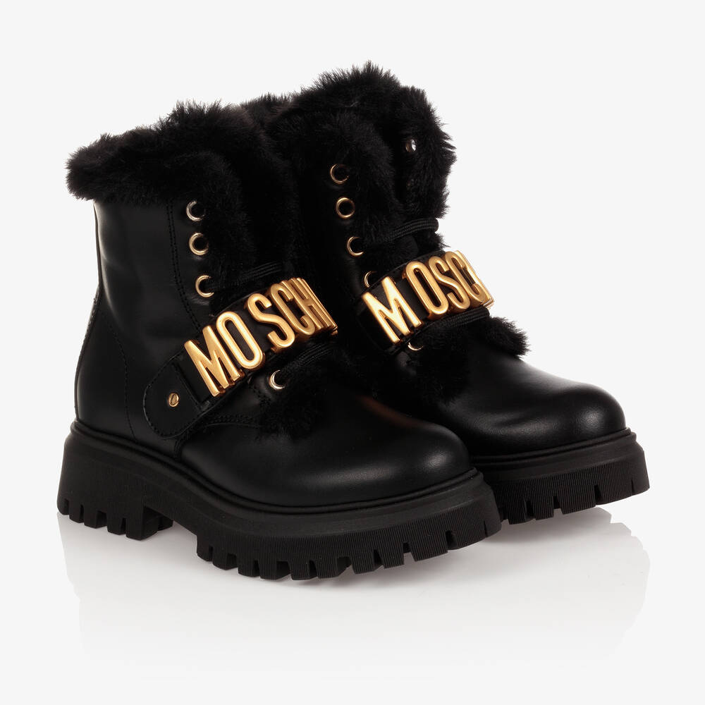 Moschino Kid-Teen - Черные кожаные ботинки для девочек | Childrensalon