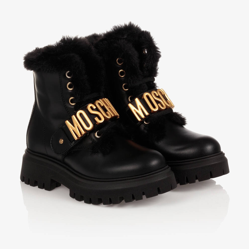 Moschino Kid-Teen - بوت جلد صناعي لون أسود للبنات | Childrensalon