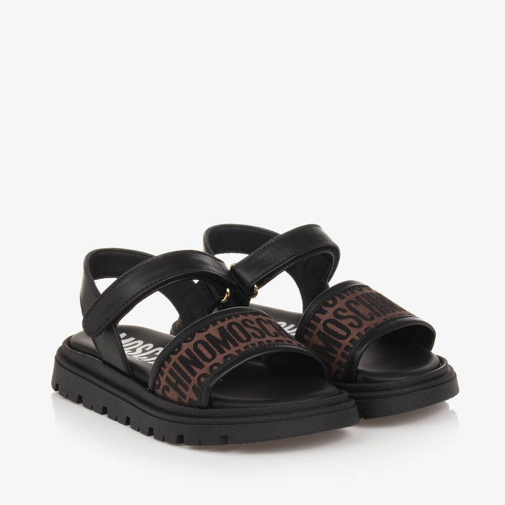 Moschino Kid-Teen-Girls Black Leather Velcro Sandals | Childrensalon Outlet