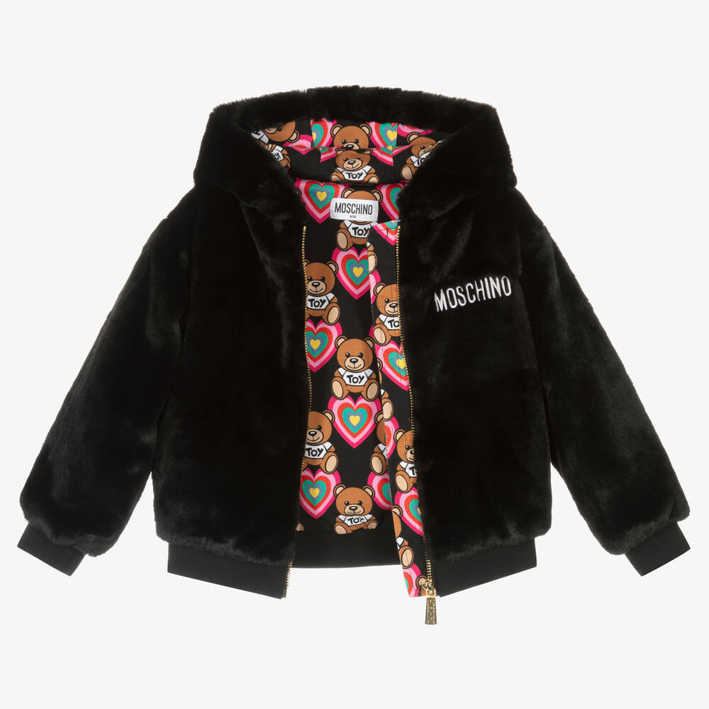 Moschino Kid-Teen-Girls Black Logo Faux Fur Hooded Jacket | Childrensalon Outlet