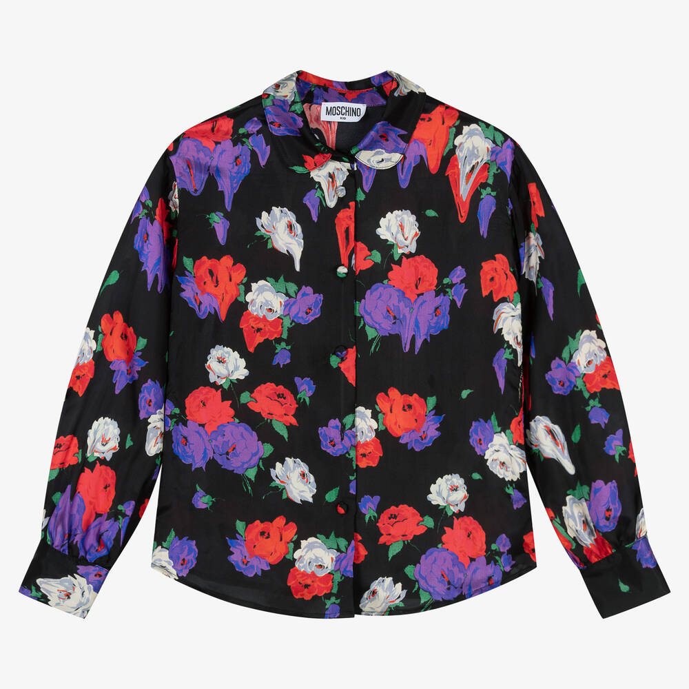 Moschino Kid-Teen - Schwarze Viskosebluse mit Rosenmotiv für Mädchen | Childrensalon