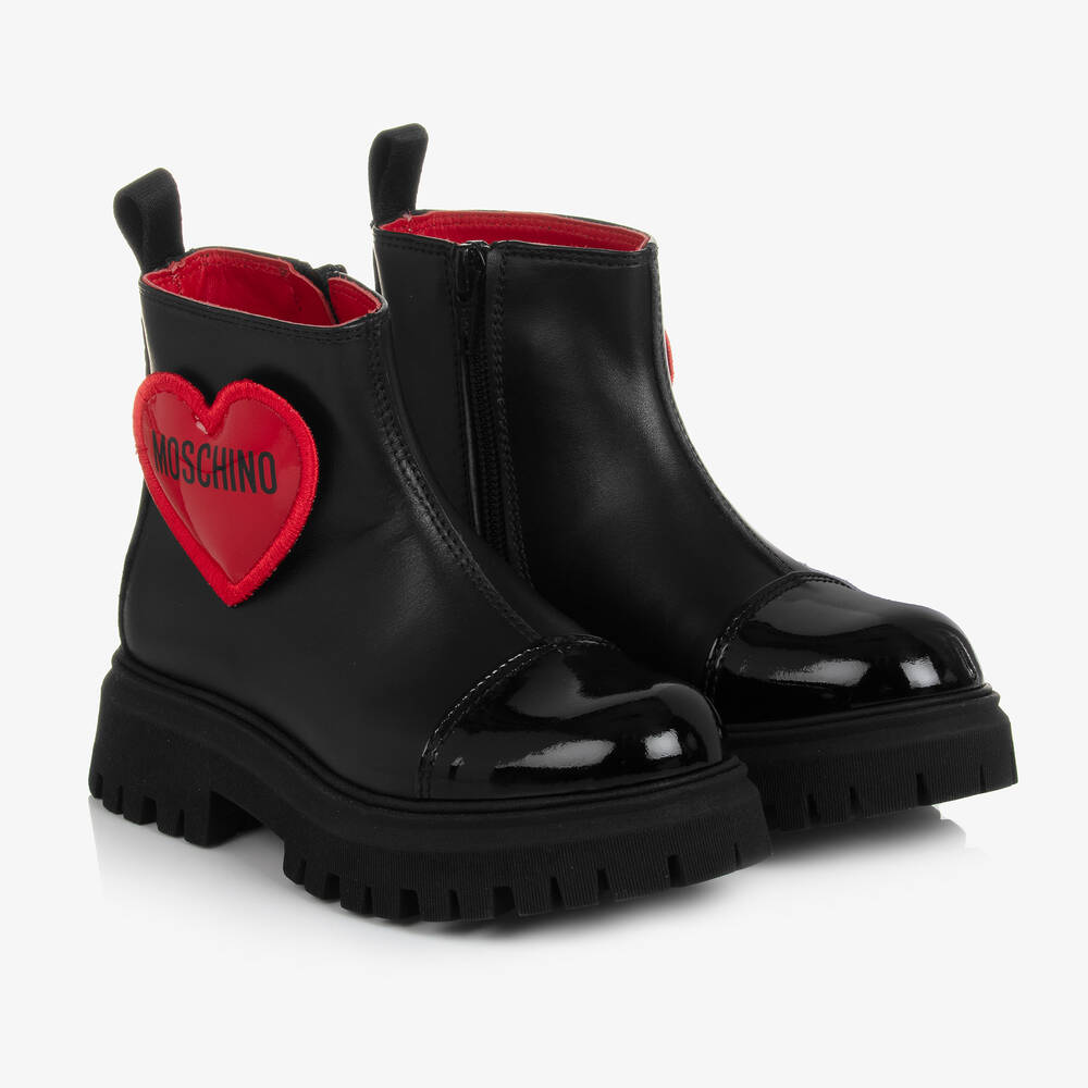 Moschino Kid-Teen - Schwarze Lederstiefel mit rotem Herzen | Childrensalon