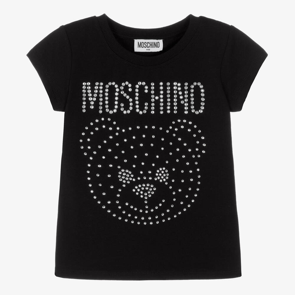 Moschino Kid-Teen - Черная футболка со стразами для девочек | Childrensalon