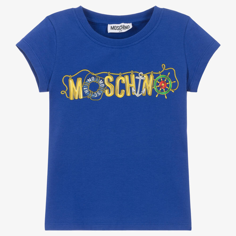 Moschino Kid-Teen - Girls Blue Cotton Logo T-Shirt | Childrensalon