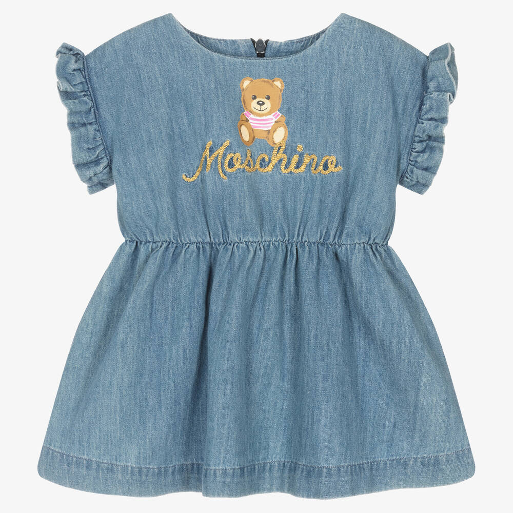 Moschino Baby - Girls Blue Denim Teddy Bear Dress | Childrensalon