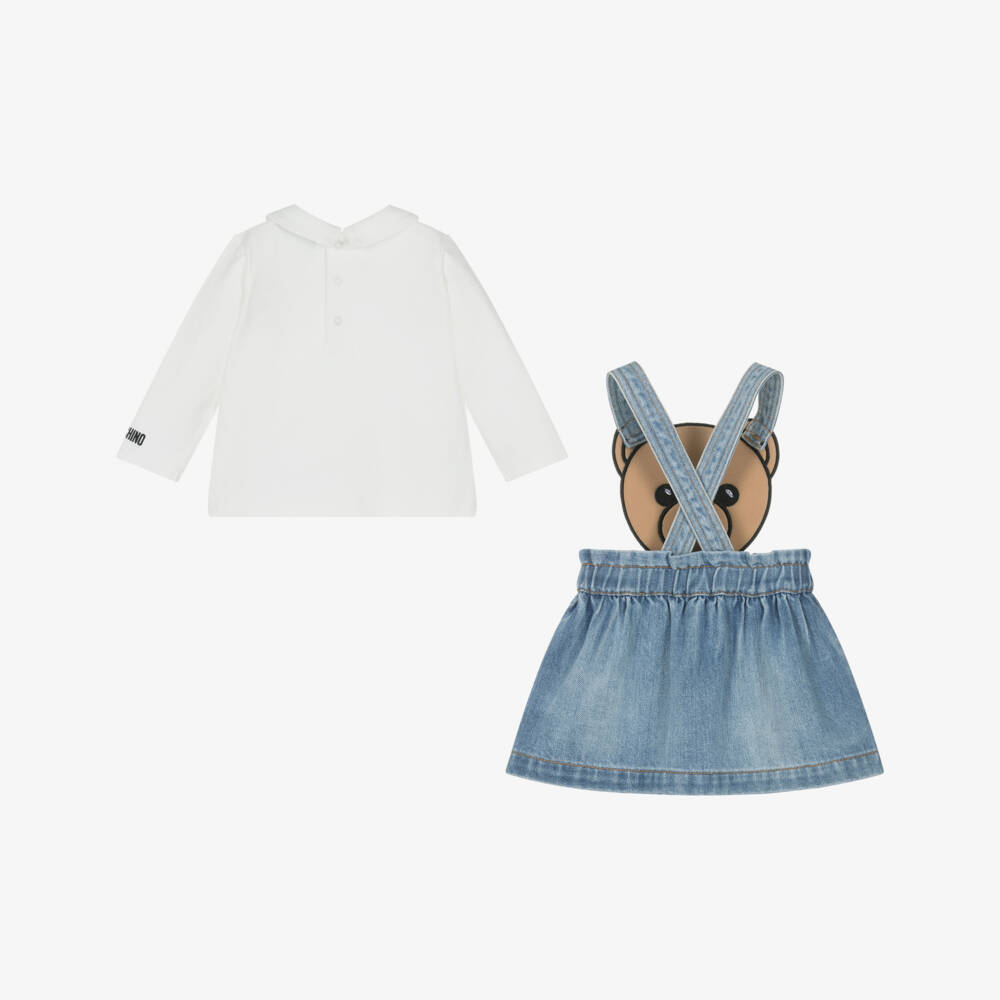 Moschino-Girls Blue Denim Teddy Bear Pinafore Dress Set | Childrensalon Outlet