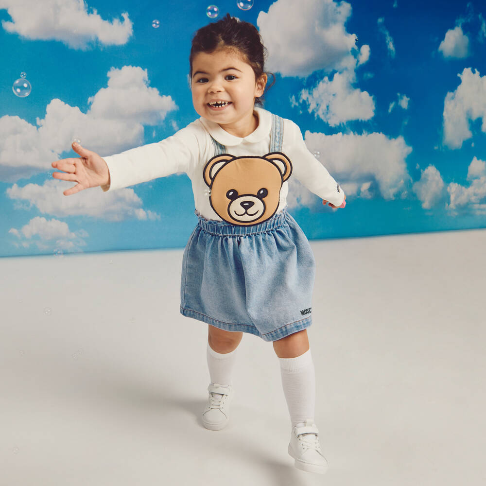 Moschino-Girls Blue Denim Teddy Bear Pinafore Dress Set | Childrensalon Outlet