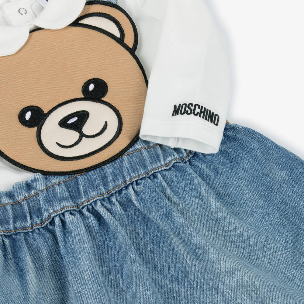 Moschino-Girls Blue Denim Teddy Bear Pinafore Dress Set | Childrensalon Outlet