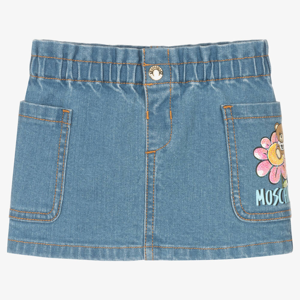 Moschino Baby - Girls Blue Teddy Bear Denim Skirt | Childrensalon