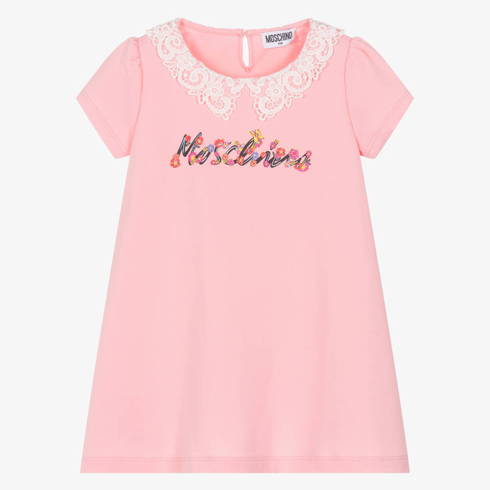 Moschino-فستان قطن ودانتيل وردي للبنات | Childrensalon Outlet