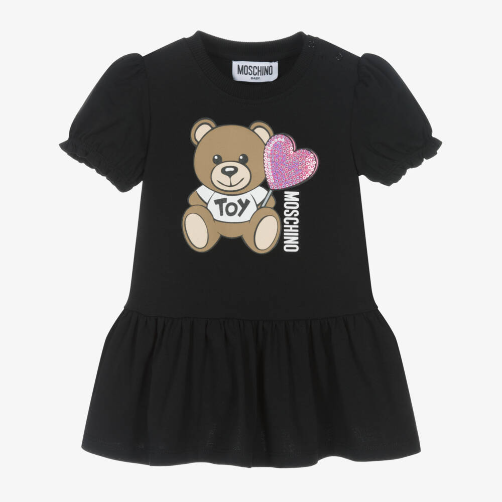 Moschino-فستان قطن أسود للبنات مع سحر الدب | Childrensalon Outlet