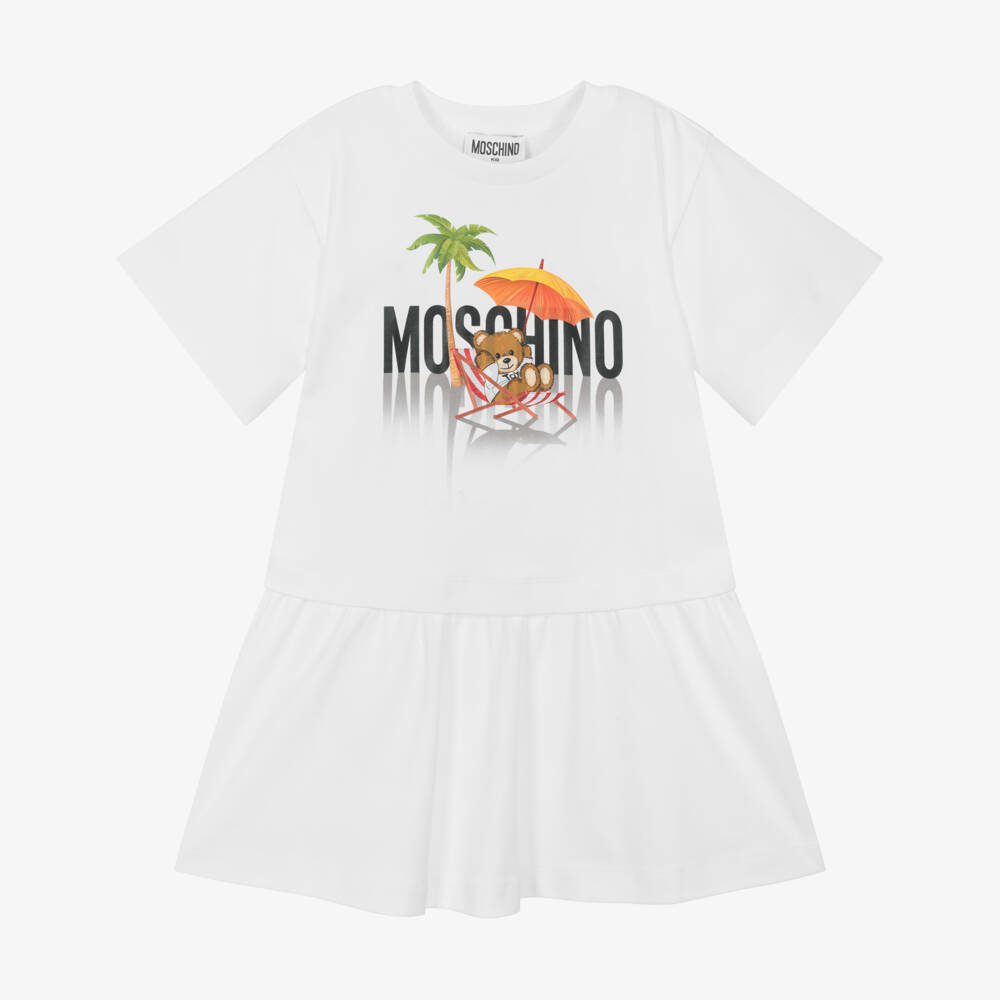 Moschino-فستان تي شيرت قطني أبيض للبنات | Childrensalon Outlet