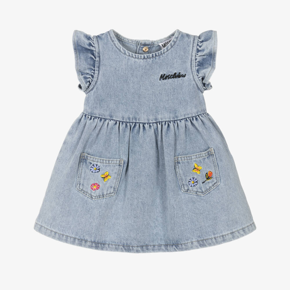 Moschino-Girls Denim Blue Floral Embroidery Dress | Childrensalon Outlet