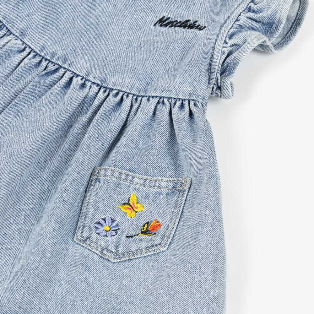 Moschino-Girls Denim Blue Floral Embroidery Dress | Childrensalon Outlet