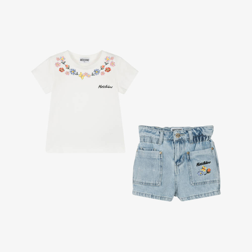 Moschino-Girls Denim & Ivory Floral Ensemble | Childrensalon Outlet