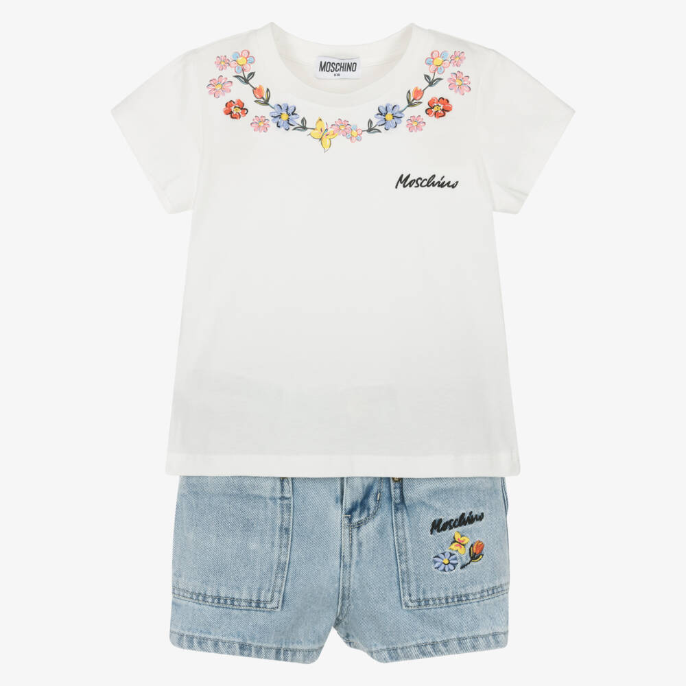 Moschino-Джинсовый и кремовый цветочный ансамбль для девочек | Childrensalon Outlet