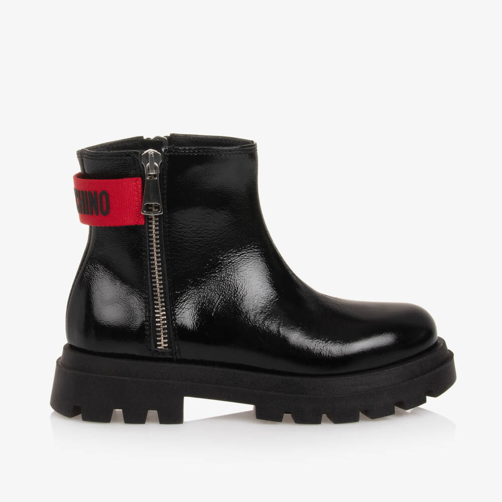 Moschino-Girls Ebony Glossy Ankle Boots | Childrensalon Outlet