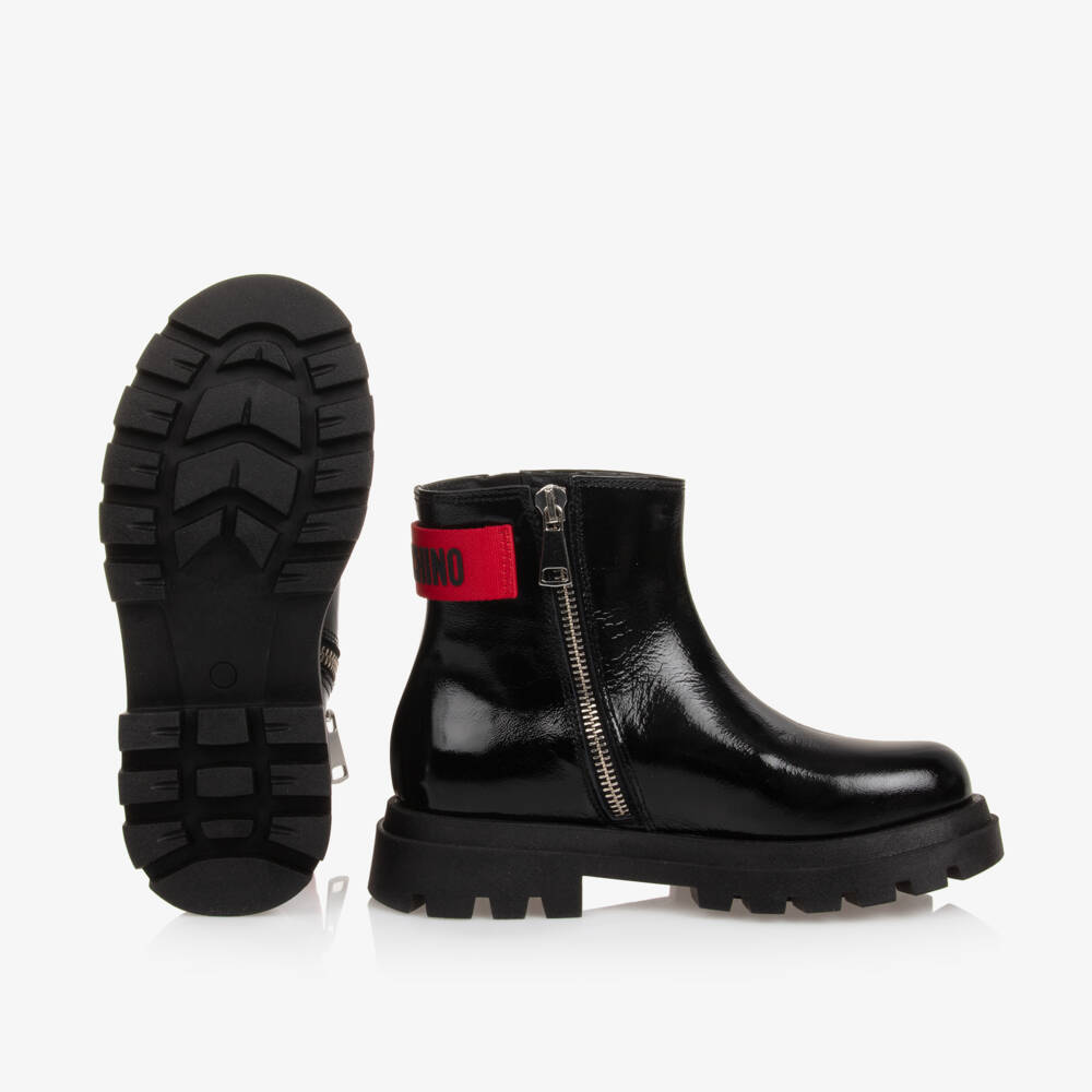 Moschino-Girls Ebony Glossy Ankle Boots | Childrensalon Outlet