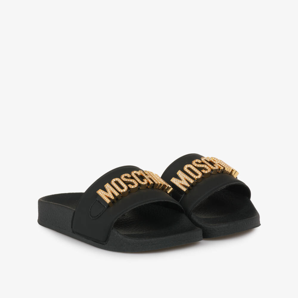 Moschino-صنادل فاخرة باللونين الأسود والذهبي للبنات | Childrensalon Outlet
