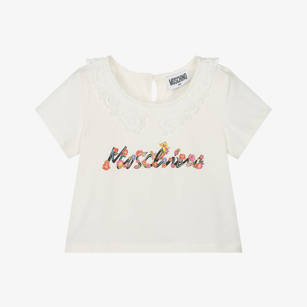 Moschino-Элегантная кремовая кружевная футболка для девочек | Childrensalon Outlet