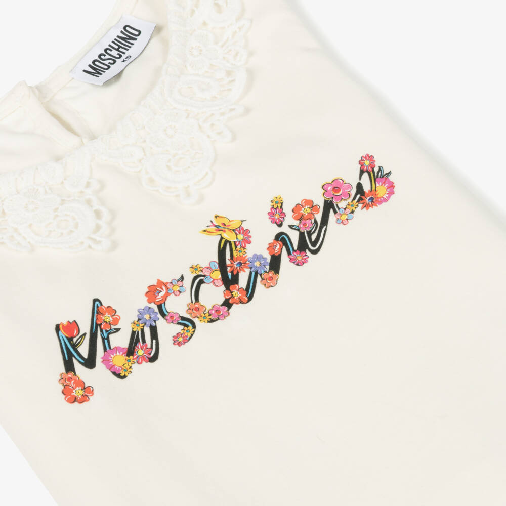 Moschino-تي شيرت دانتيل عاجي أنيق للبنات | Childrensalon Outlet
