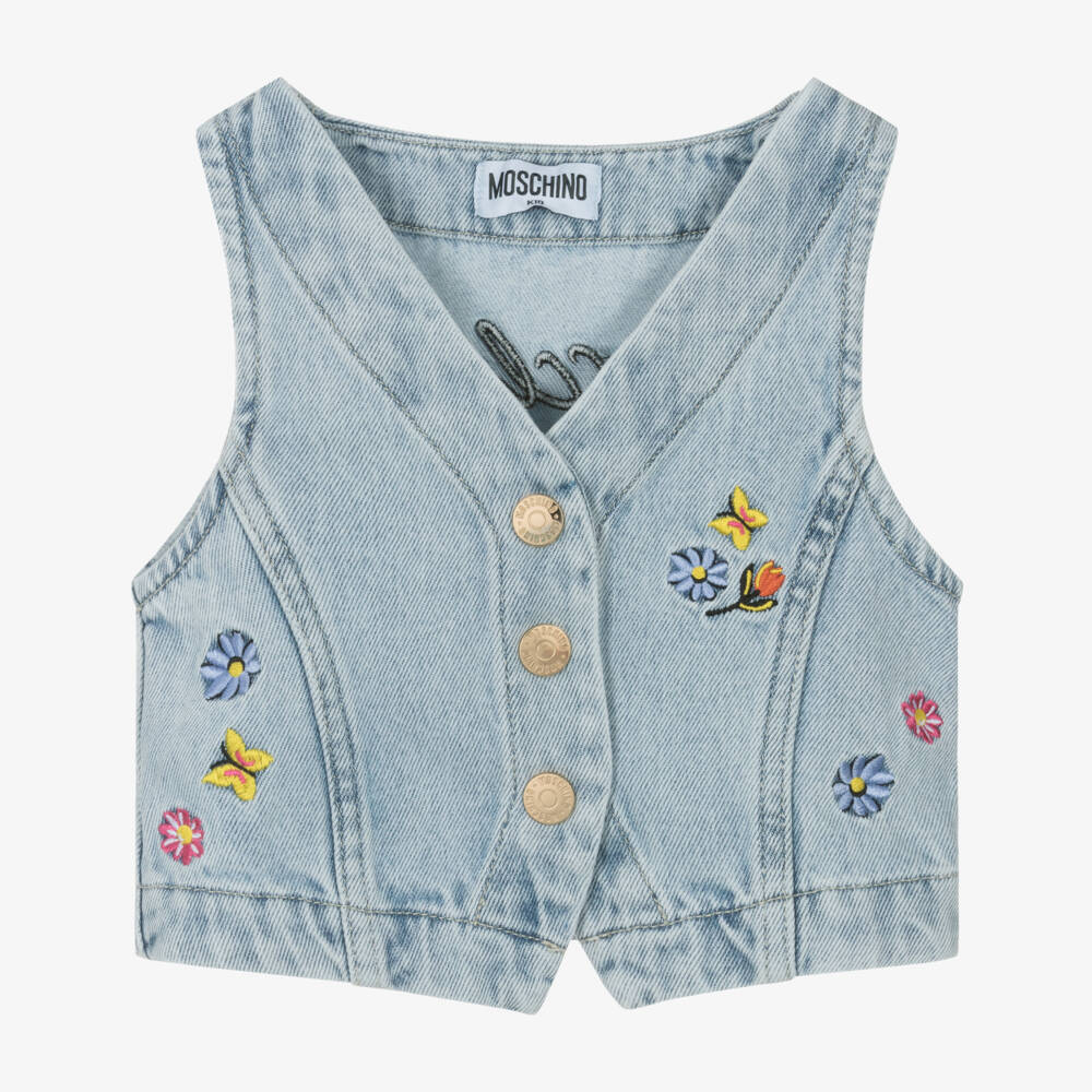 Moschino-Girls Embellished Blue Denim Vest | Childrensalon Outlet