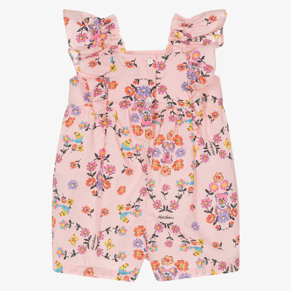 Moschino-Girls Floral Pink Cotton Romper | Childrensalon Outlet