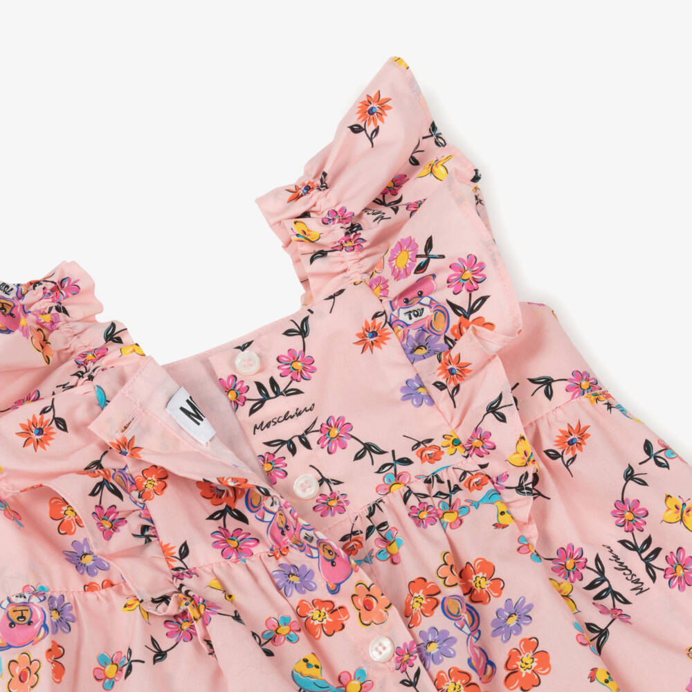 Moschino-Girls Floral Pink Cotton Romper | Childrensalon Outlet