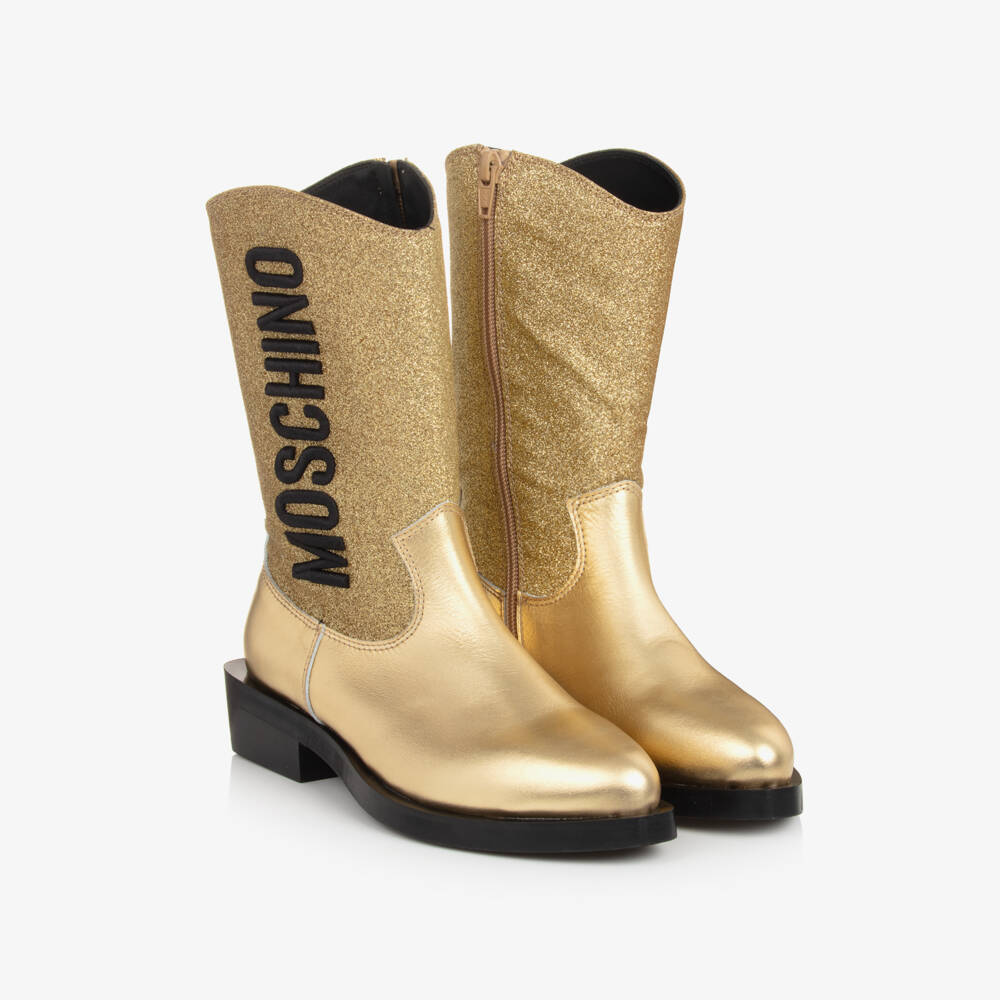 Moschino-Girls Glittery Gold Leather Western Boots | Childrensalon Outlet