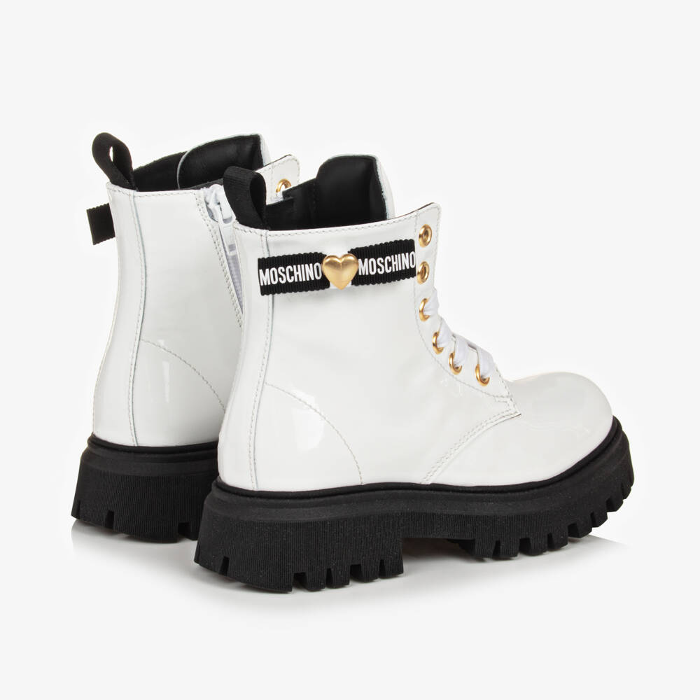 Moschino-Girls Glossy White Leather Boots | Childrensalon Outlet