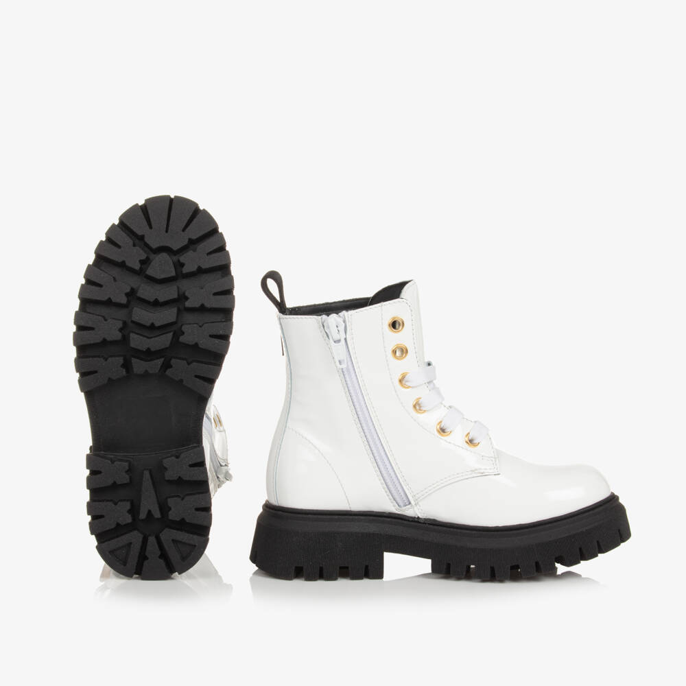Moschino-Girls Glossy White Leather Boots | Childrensalon Outlet