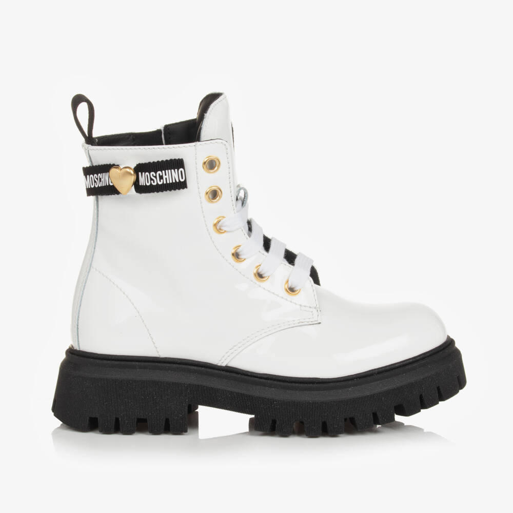 Moschino-Girls Glossy White Leather Boots | Childrensalon Outlet