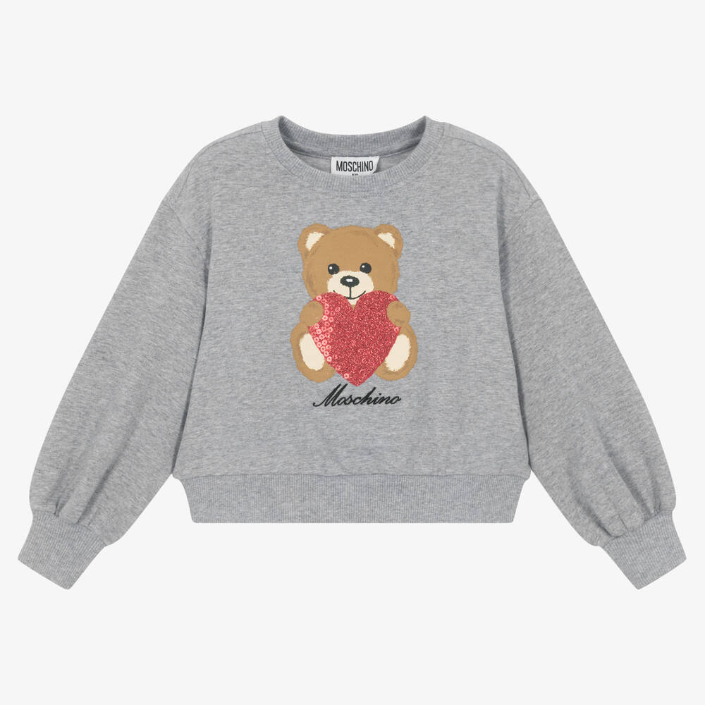 Moschino Kid-Teen - Girls Grey Cotton Heart Teddy Sweatshirt | Childrensalon