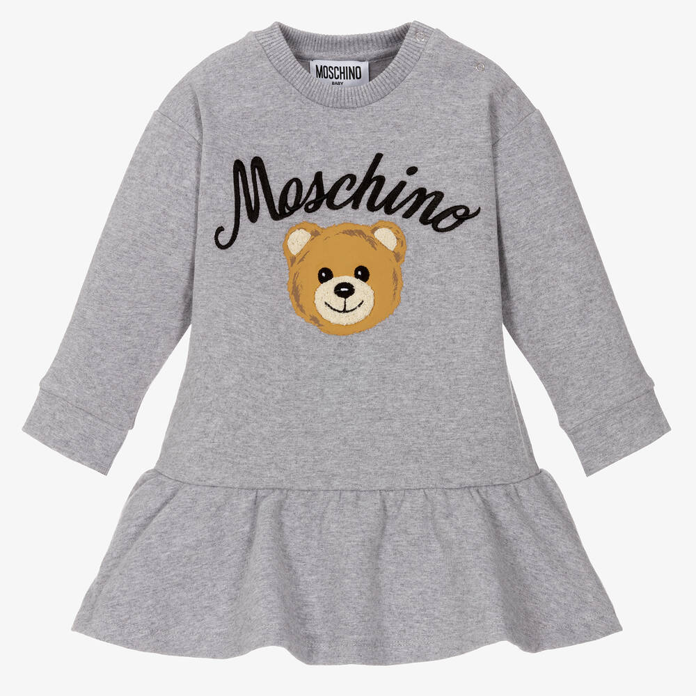 Moschino Baby - Girls Grey Cotton Teddy Bear Dress | Childrensalon