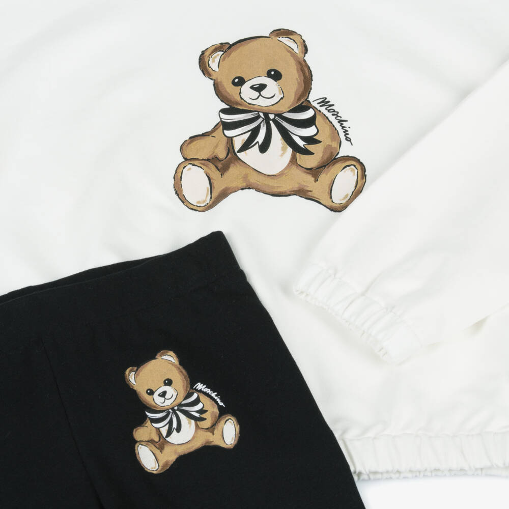Moschino-Girls Ivory & Black Cotton Hoodie & Leggings Set | Childrensalon Outlet